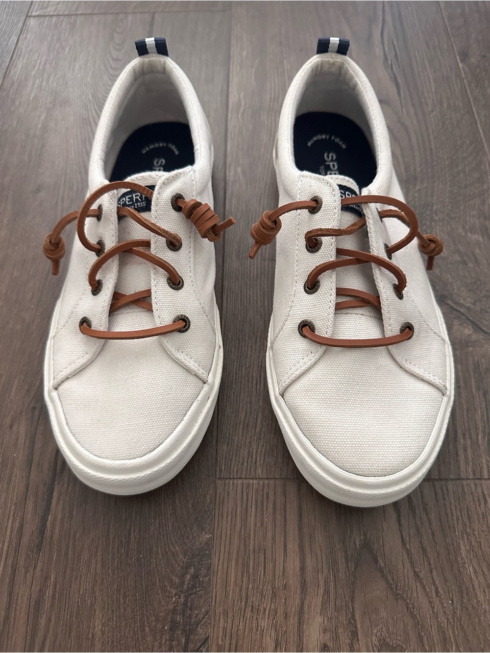 Sperry White Canvas Women’s Sneakers with Brown Laces
